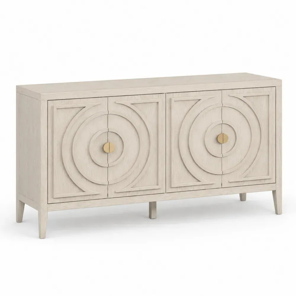 Sideboard Anrichte mit 4 Türen 160 x 40 x 85 cm MDF mit Eschenfurnier Gummibaum-Massivholz rechteckig Cremeweiß Messingfarben