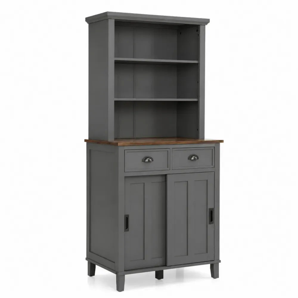 Sideboard Küchenbuffet mit Regalaufsatz 2 Schubladen 2 Schiebetüren MDF Gummibaum-Massivholz rechteckig Grau Naturbraun 100 x 45 x 190 cm