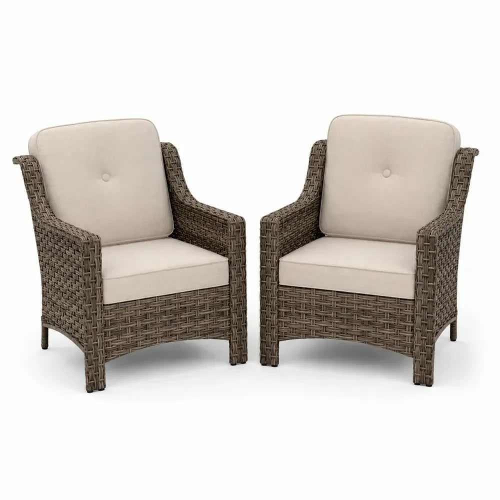 Garten Loungesessel 2er Set aus PE-Rattan mit Stahlgestell und Polyesterkissen Naturgrau Beige je 72 x 78 x 86 cm
