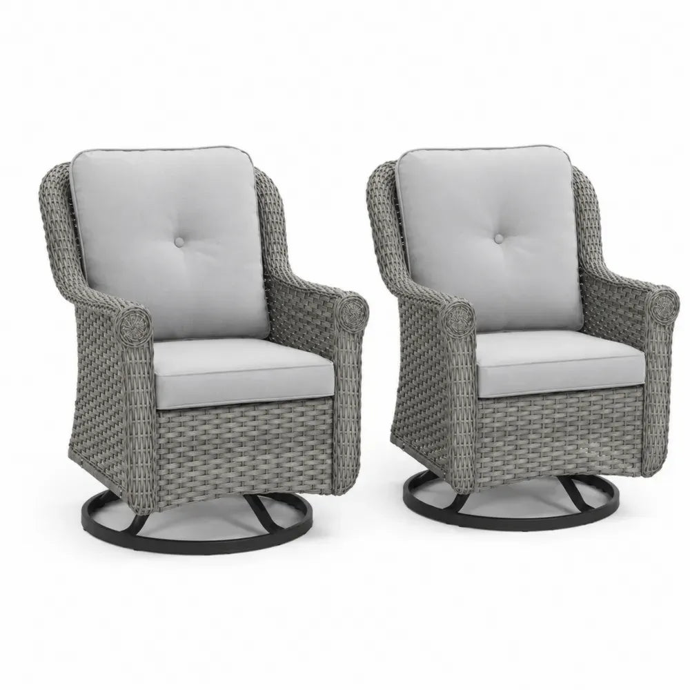 Garten Drehsessel 2er Set Loungesessel aus PE-Rattan mit Stahlgestell und Polyesterkissen Grau Hellgrau Schwarz je 74 x 82 x 92 cm