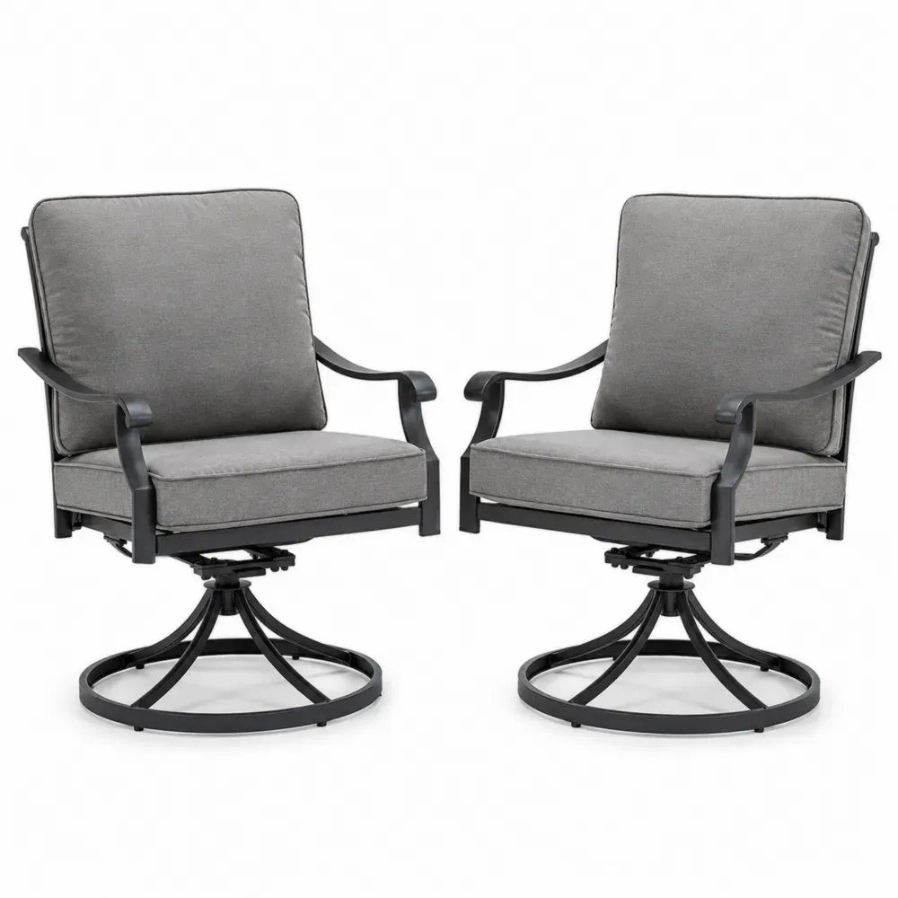 Garten Drehsessel 2er Set Loungesessel mit pulverbeschichtetem Stahlgestell und Polyesterkissen Grau Schwarz je 68 x 74 x 90 cm