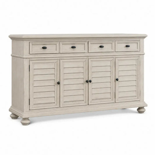 Sideboard Buffetschrank mit 4 Schubladen und 4 Türen MDF Eschenfurnier Massivholz rechteckig Antikweiß Schwarz 170 x 45 x 90 cm