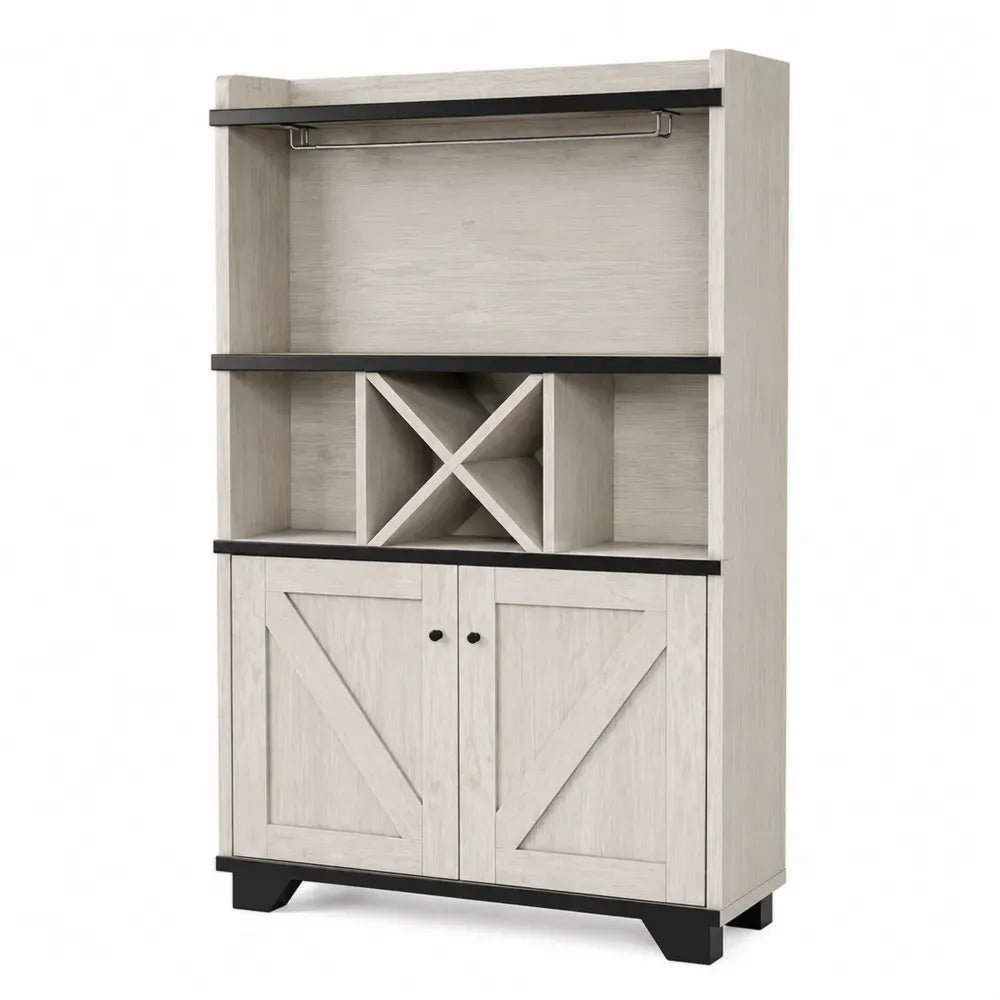 Sideboard Küchenbuffet mit Weinregal Gläserhalter und 2 Türen 90 x 40 x 180 cm melaminbeschichtete Spanplatte MDF Weiß gekalkt Schwarz Silberfarben