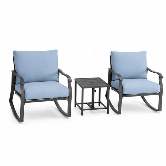 Garten Lounge Set 3-teilig mit 2 Schaukelstühlen und Beistelltisch aus pulverbeschichtetem Stahl und Polyester Hellblau Schwarz Stuhl 70 x 85 x 90 cm Tisch 45 x 45 x 50 cm
