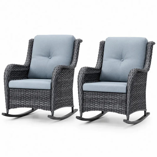 Garten Schaukelstuhl 2er Set Loungesessel aus PE-Rattan mit Stahlgestell und Polyesterkissen Grau Hellblau Schwarz je Stuhl 72 x 90 x 96 cm