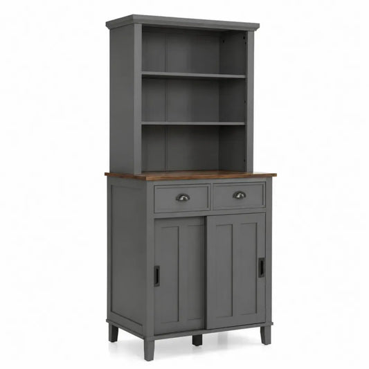 Sideboard Küchenbuffet mit Regalaufsatz 2 Schubladen 2 Schiebetüren MDF Gummibaum-Massivholz rechteckig Grau Naturbraun 100 x 45 x 190 cm