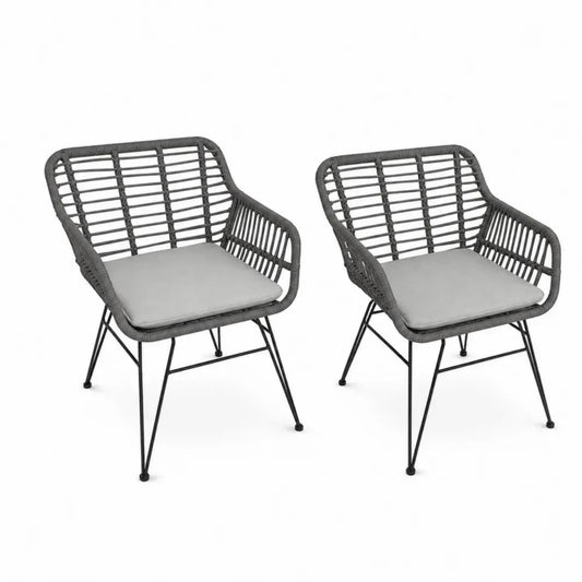 Gartenstuhl 2er Set Essstuhl mit PP-Seilgeflecht Stahlgestell und Polyesterkissen Grau Hellgrau Schwarz je 68 x 64 x 82 cm