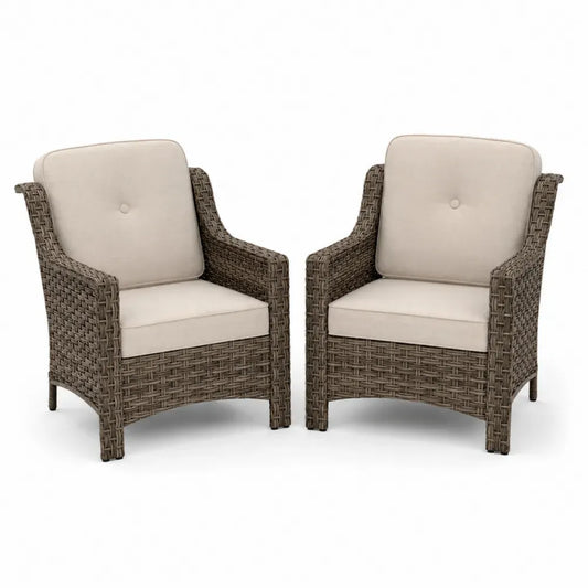 Garten Loungesessel 2er Set aus PE-Rattan mit Stahlgestell und Polyesterkissen Naturgrau Beige je 72 x 78 x 86 cm