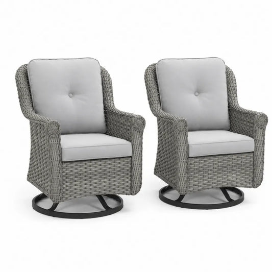 Garten Drehsessel 2er Set Loungesessel aus PE-Rattan mit Stahlgestell und Polyesterkissen Grau Hellgrau Schwarz je 74 x 82 x 92 cm