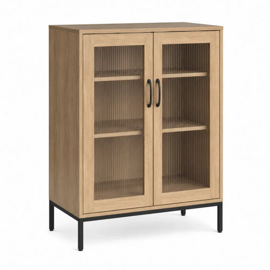Sideboard Vitrine mit 2 Türen melaminbeschichtete Spanplatte geriffeltes gehärtetes Glas rechteckig Eiche Natur Braun Schwarz 80 x 40 x 120 cm